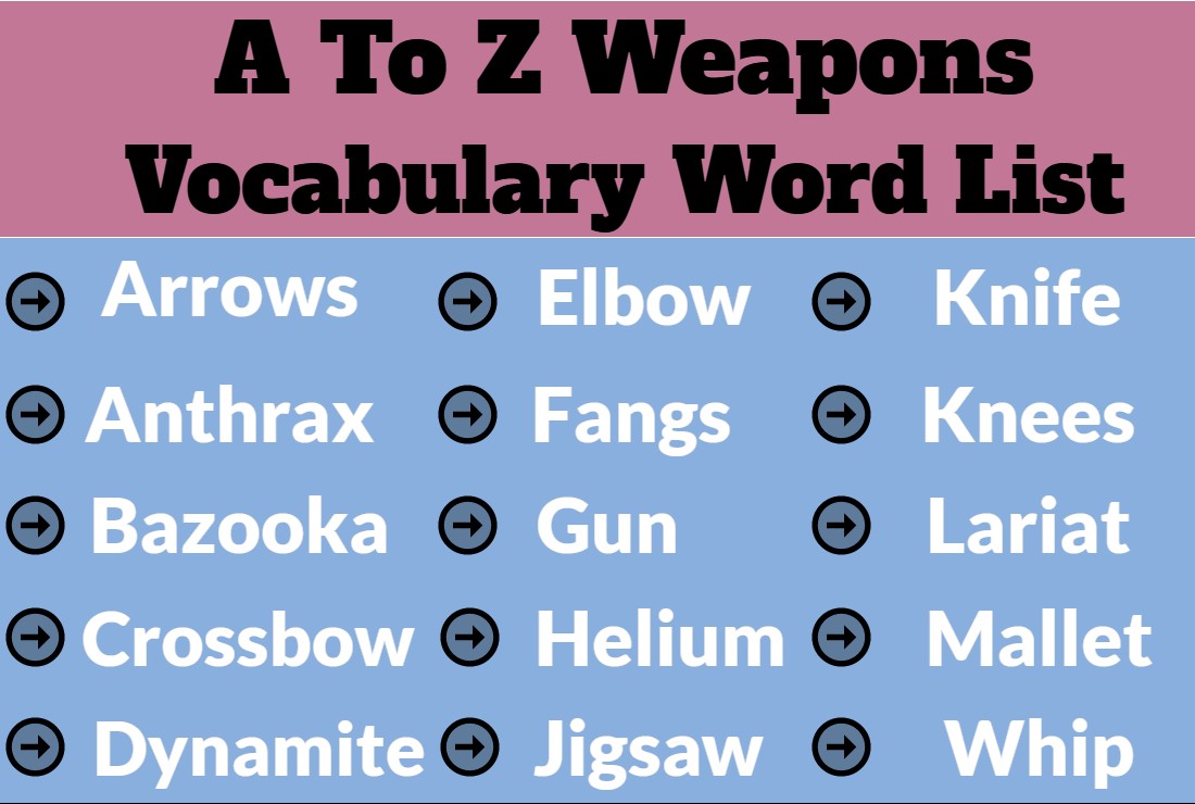 A To Z Weapons Vocabulary Word List